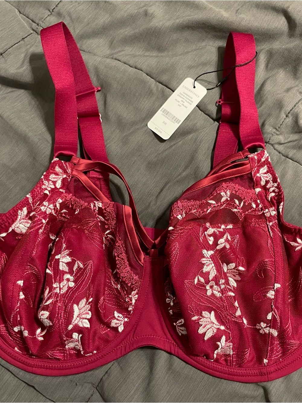 Embroidered Wine Red Underwire Support Bra with White Floral Detail